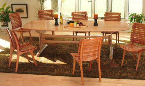 Bird's Eye Maple Dining Table with Cherry Slat Chairs