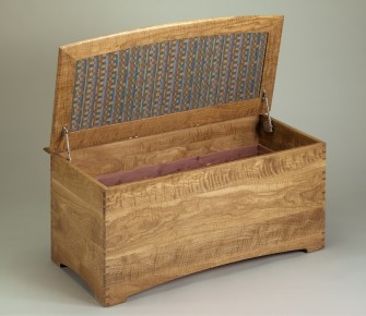 Upholstered Curly White Oak Blanket Chest - Open